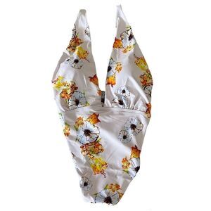 BEACH Joy Hibiscus Floral Print One Piece Swimsuit White Size Large